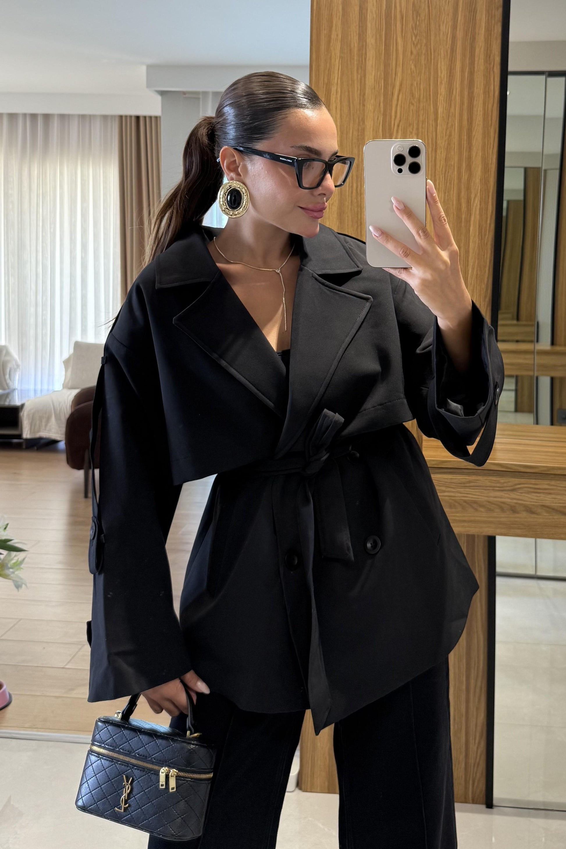 Glasy Siyah Kemerli Oversize Trenç