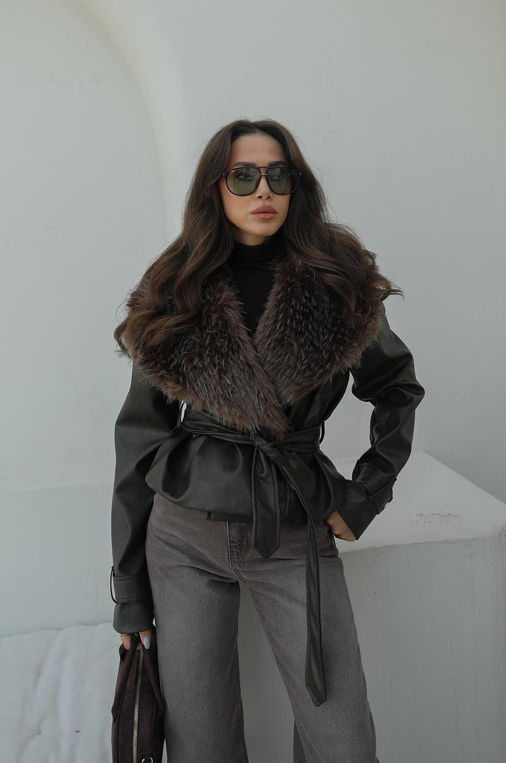 HAKI YAKASI KÜRK DETAYLI DERI CEKET