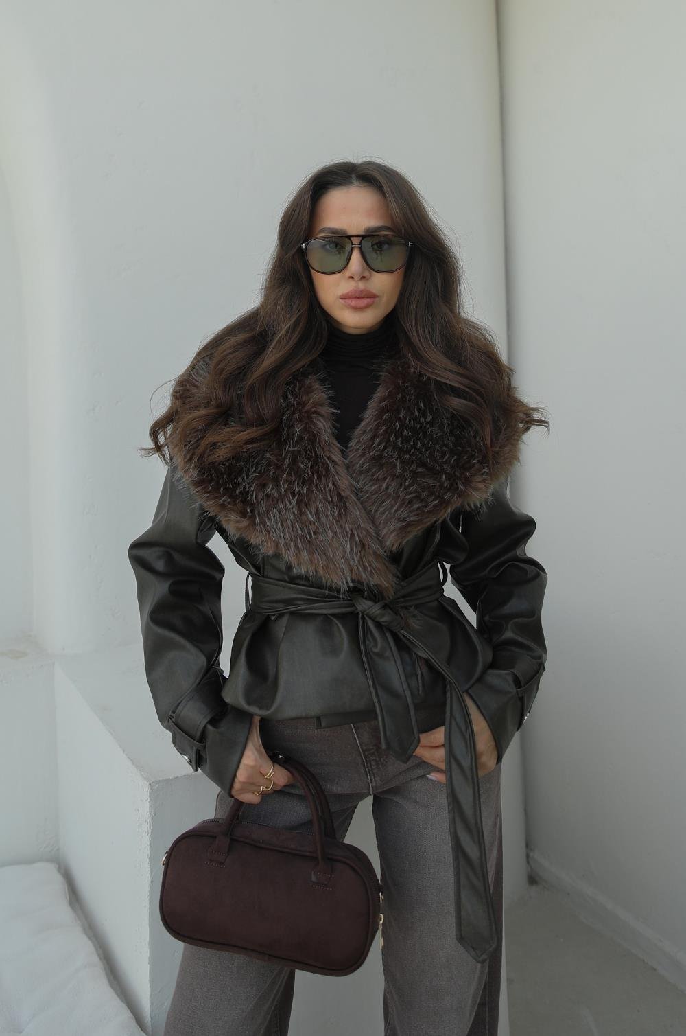 HAKI YAKASI KÜRK DETAYLI DERI CEKET