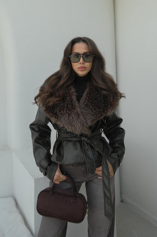 HAKI YAKASI KÜRK DETAYLI DERI CEKET