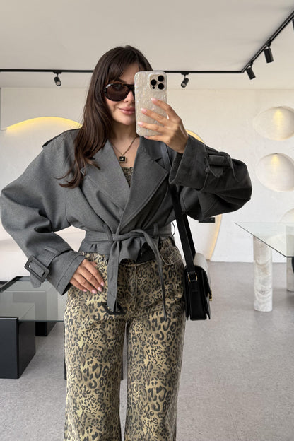 Harward Gri Mini Kuşaklı Trenç