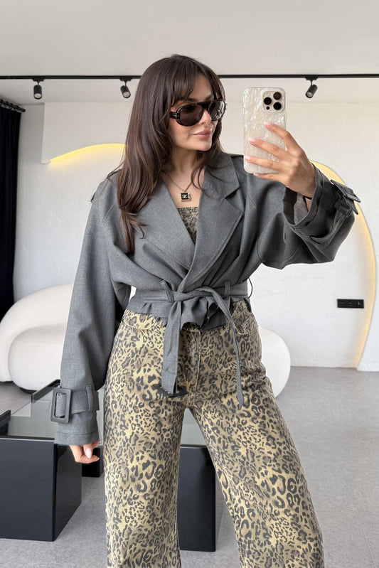 Harward Gri Mini Kuşaklı Trenç