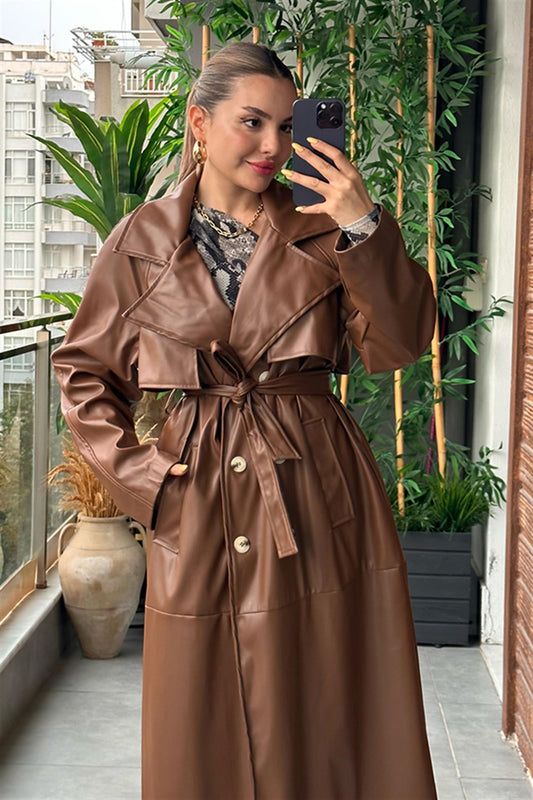 Helsinki Deri Kruvaze Trençkot - Kahverengi