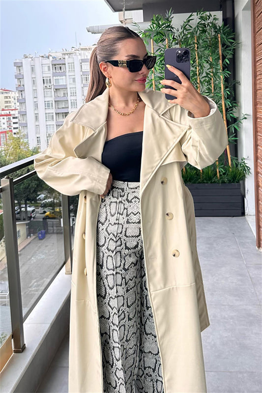 Helsinki Deri Kruvaze Trençkot - Krem