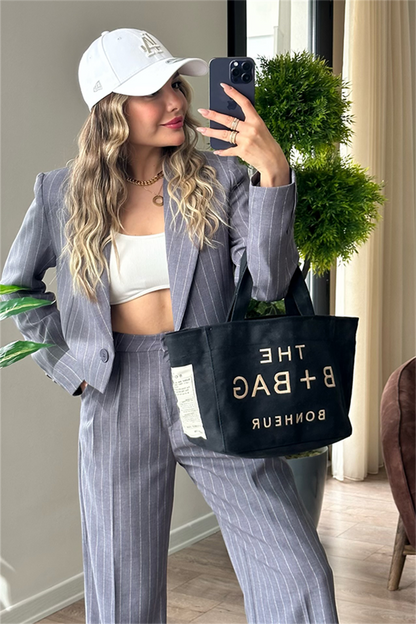 Jessie çizgili mini blazer ceketli takım - Gri