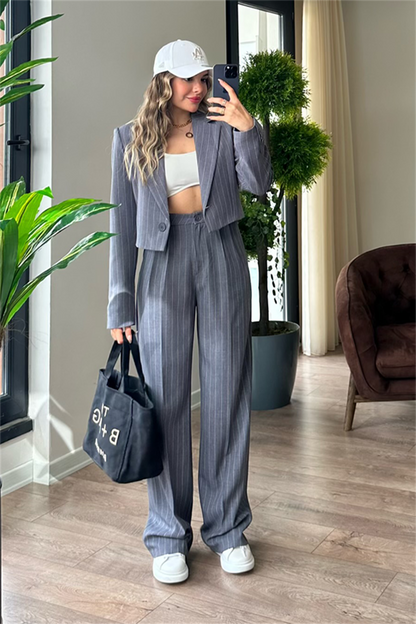 Jessie çizgili mini blazer ceketli takım - Gri