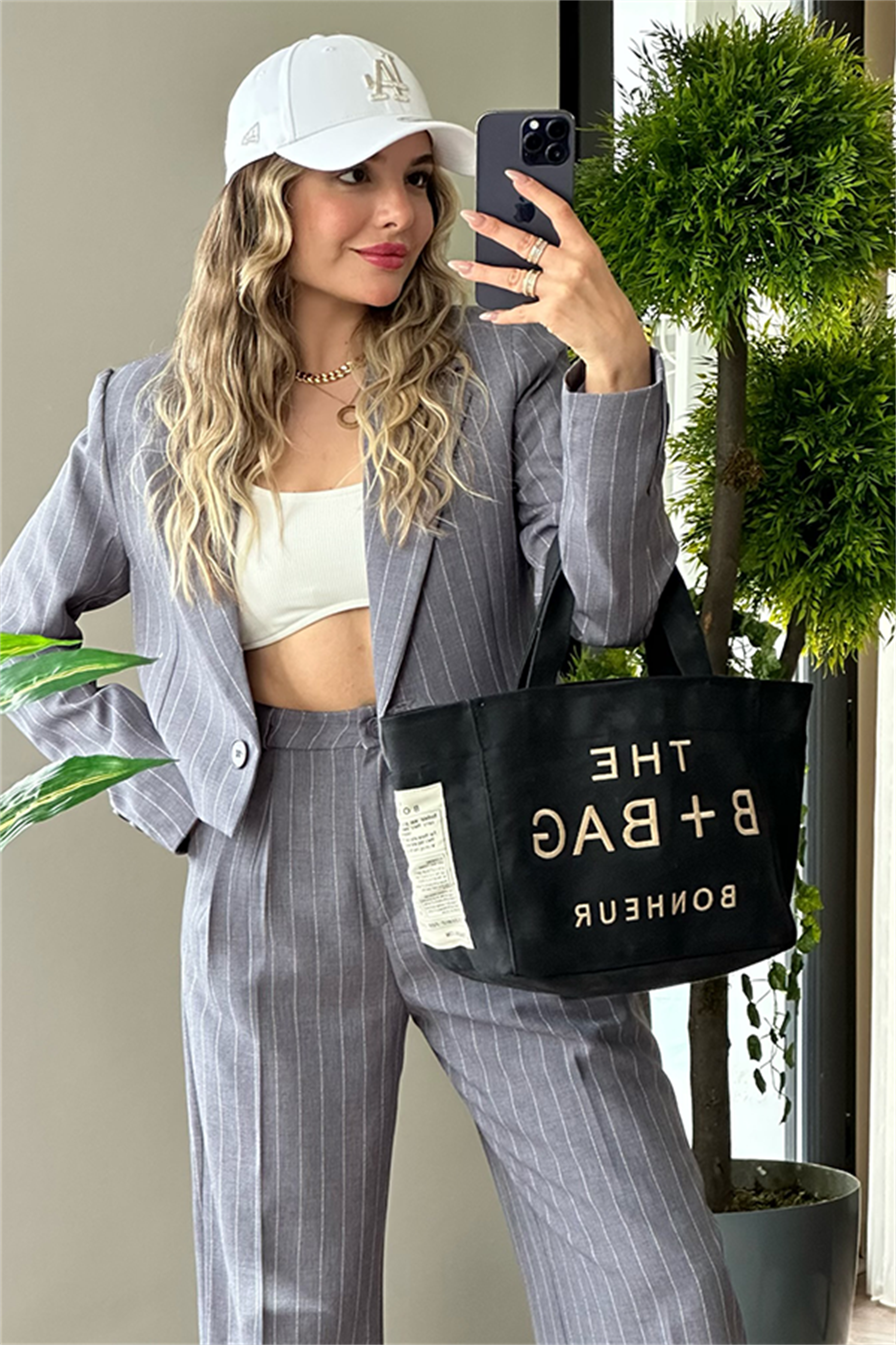 Jessie çizgili mini blazer ceketli takım - Gri