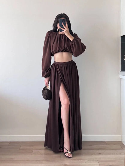 Büzgülü Omzu Vatkalı Etekli İkili Takım