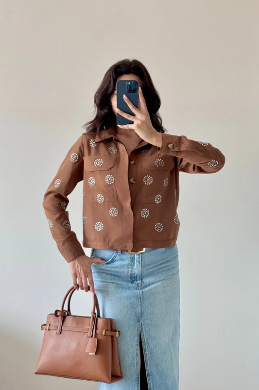 Taşlı Uzun Kollu Cepli Düğmeli Süet Ceket