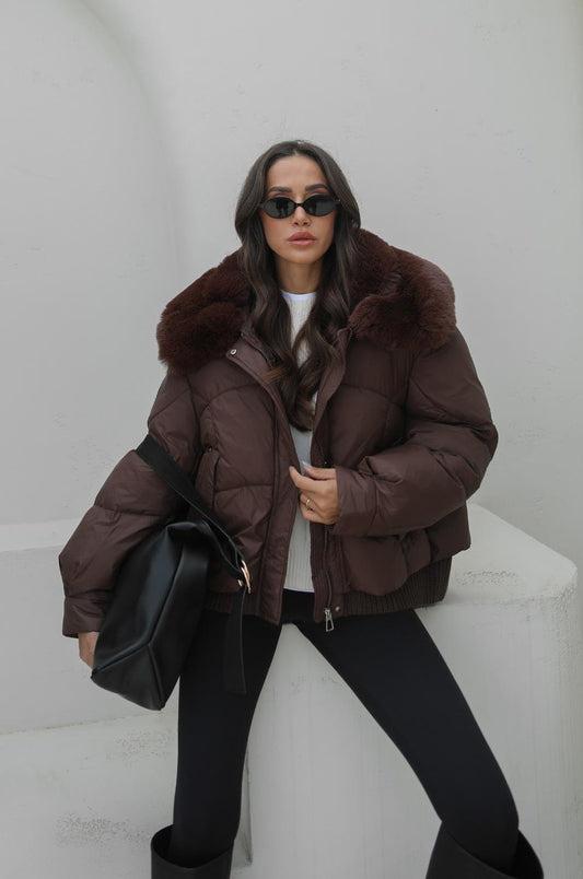 KAHVERENGI DELUXE KÜRK DETAYLI ŞIŞME MONT