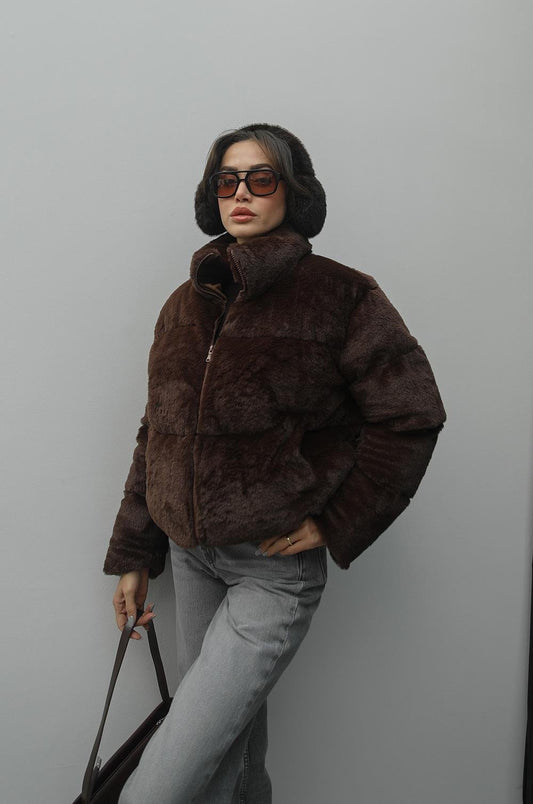 KAHVERENGI DIK YAKA KÜRKLÜ MONT