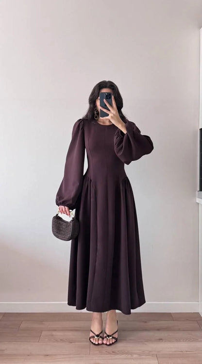 Sırt Kuşak Bağlamalı Uzun Kollu Maxi Balon Kol Elbise