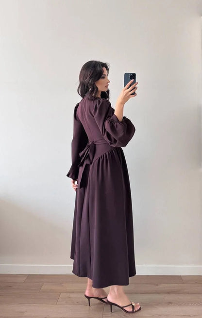 Sırt Kuşak Bağlamalı Uzun Kollu Maxi Balon Kol Elbise