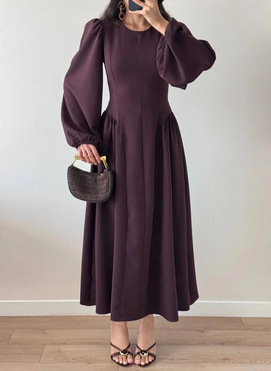 Sırt Kuşak Bağlamalı Uzun Kollu Maxi Balon Kol Elbise