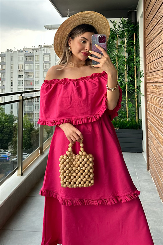 Katy madonna yaka poplin elbise - Fuşya