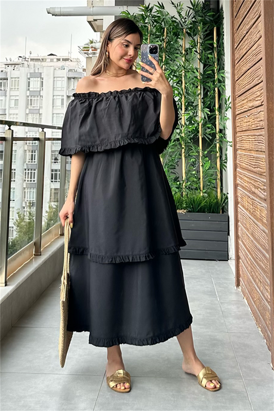 Katy madonna yaka poplin elbise - Siyah