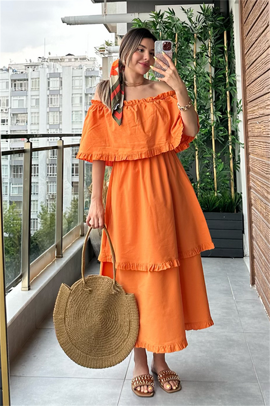 Katy madonna yaka poplin elbise - Turuncu