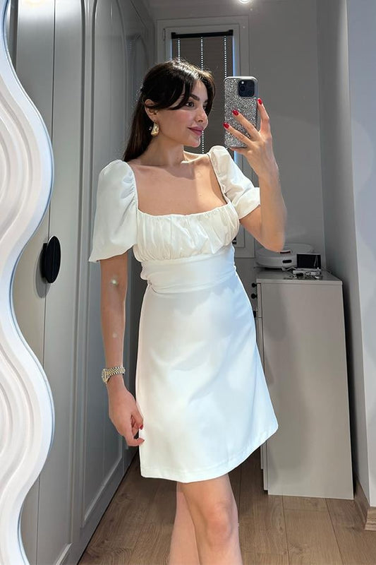 Kaylee Balon Kol Sırt Dekolteli Elbise-Beyaz