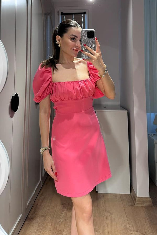 Kaylee Balon Kol Sırt Dekolteli Elbise-Fuşya