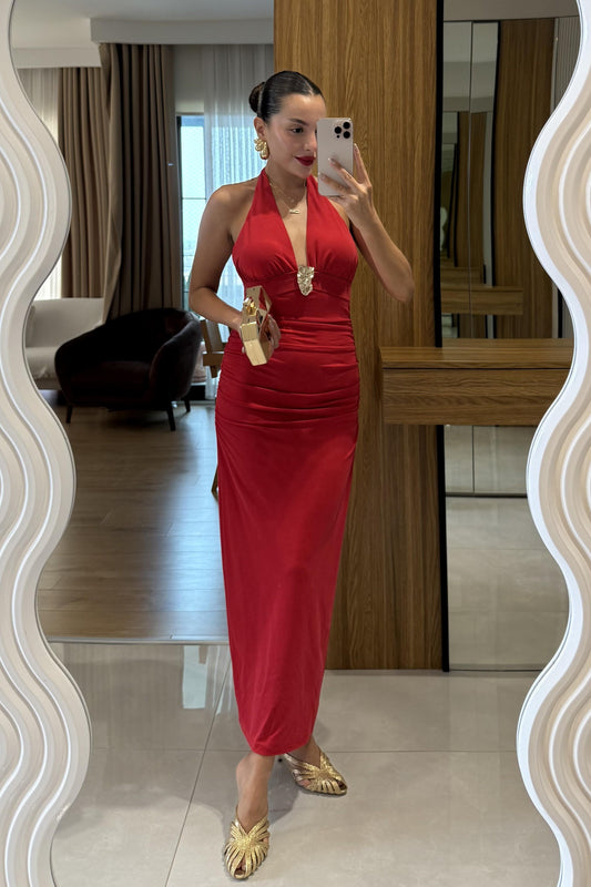 Keira Kırmızı Aksesuar Detaylı Elbise