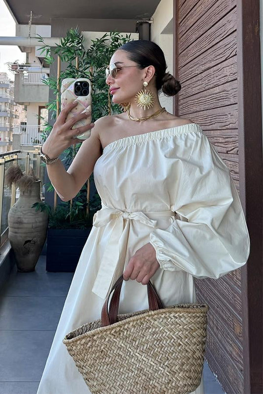 Kelsey Tek Omuz Poplin Kemerli Elbise - Krem