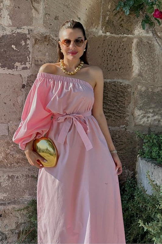Kelsey Tek Omuz Poplin Kemerli Elbise - Pembe
