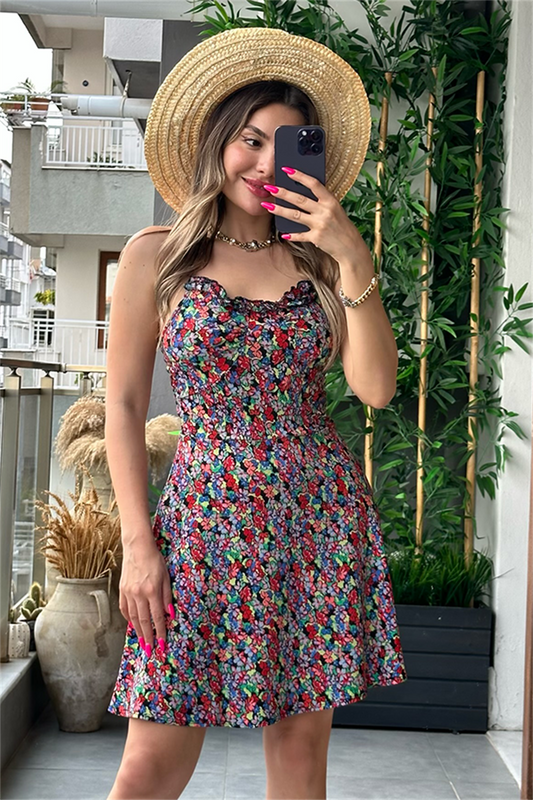 Kırmızı çiçek desen çıtır elbise