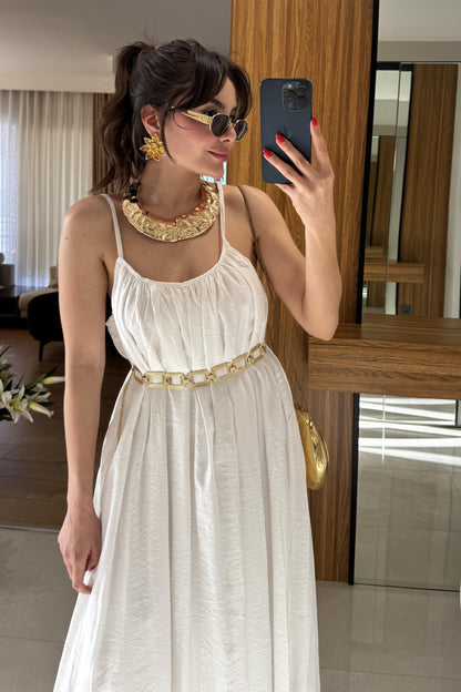 Klenke Beyaz Bol Kesimli Salaş Dökümlü Maxi Elbise