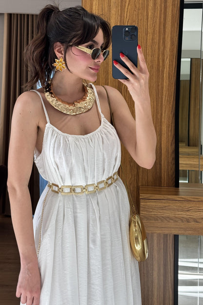 Klenke Beyaz Bol Kesimli Salaş Dökümlü Maxi Elbise