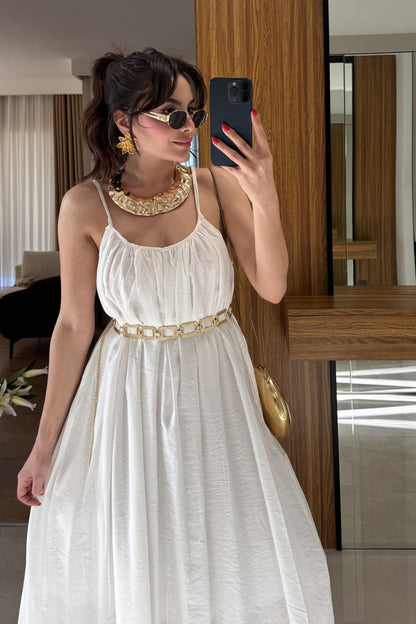 Klenke Beyaz Bol Kesimli Salaş Dökümlü Maxi Elbise