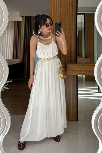 Klenke Beyaz Bol Kesimli Salaş Dökümlü Maxi Elbise