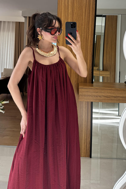 Klenke Bordo Bol Kesimli Salaş Dökümlü Maxi Elbise