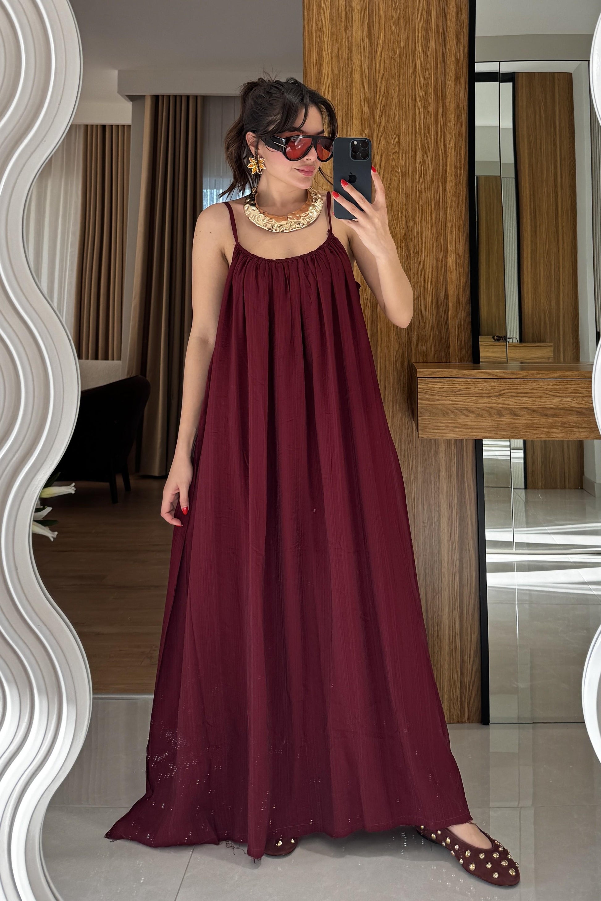 Klenke Bordo Bol Kesimli Salaş Dökümlü Maxi Elbise