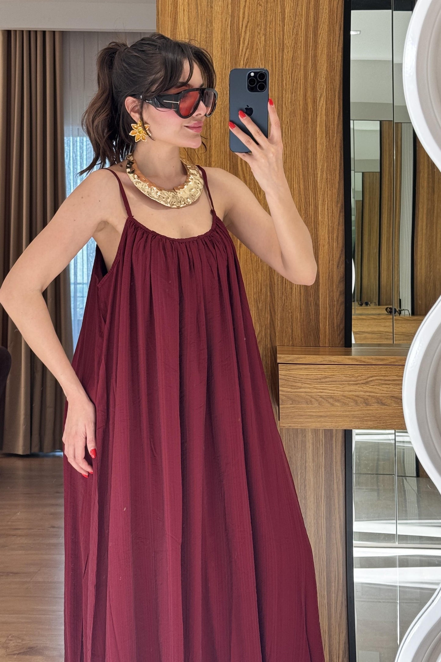 Klenke Bordo Bol Kesimli Salaş Dökümlü Maxi Elbise