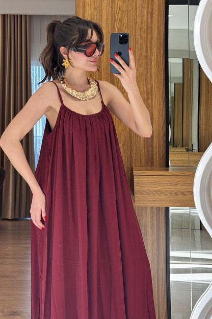 Klenke Bordo Bol Kesimli Salaş Dökümlü Maxi Elbise
