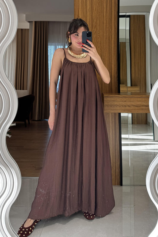 Klenke Kahve Bol Kesimli Salaş Dökümlü Maxi Elbise