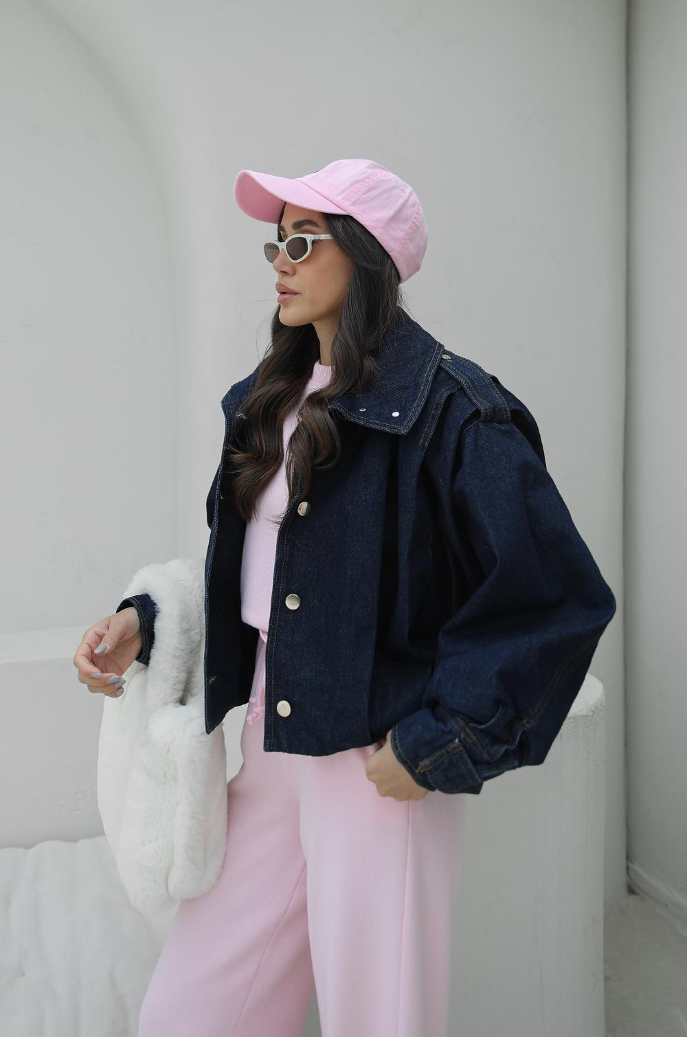 KOYU LACIVERT PALOMA DIK YAKA DENIM MONT