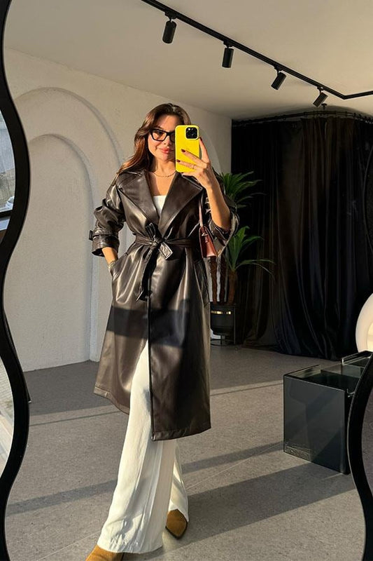 Kylie Kemerli Deri Acı Kahve Trençkot