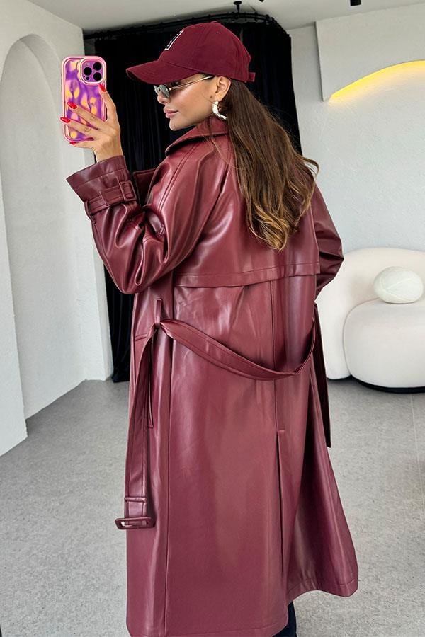 Kylie Kemerli Deri Bordo Trençkot