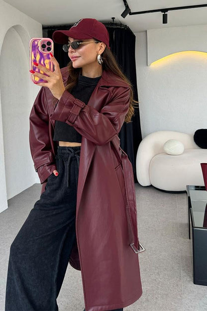 Kylie Kemerli Deri Bordo Trençkot