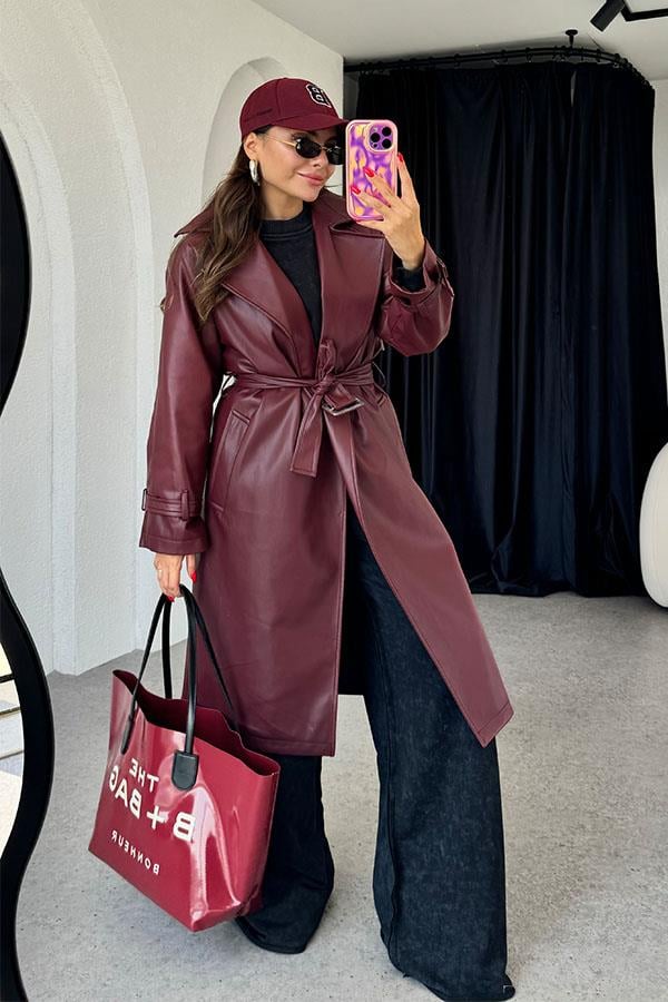 Kylie Kemerli Deri Bordo Trençkot