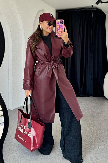 Kylie Kemerli Deri Bordo Trençkot
