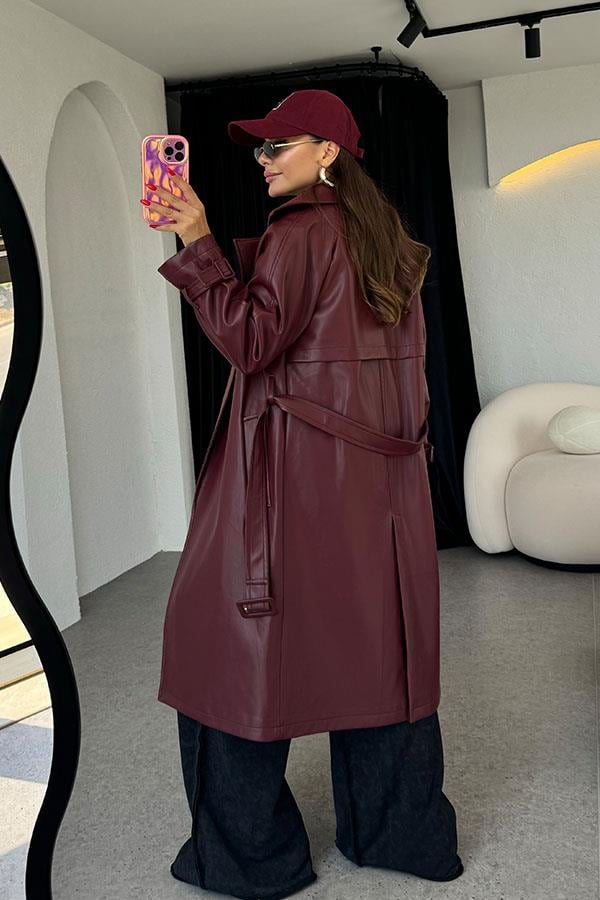 Kylie Kemerli Deri Bordo Trençkot