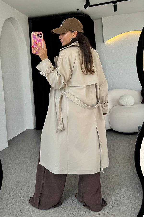 Kylie Kemerli Deri Krem Trençkot