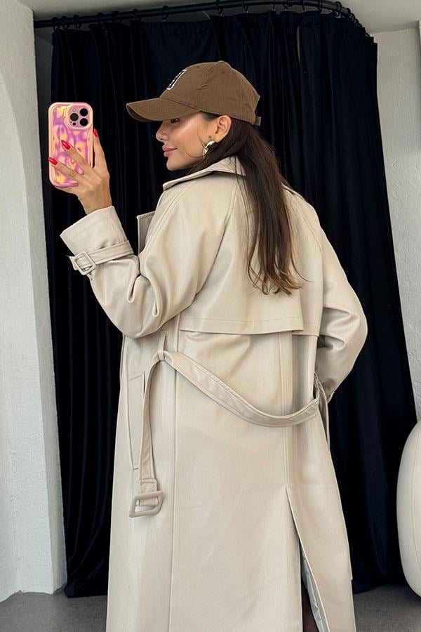 Kylie Kemerli Deri Krem Trençkot