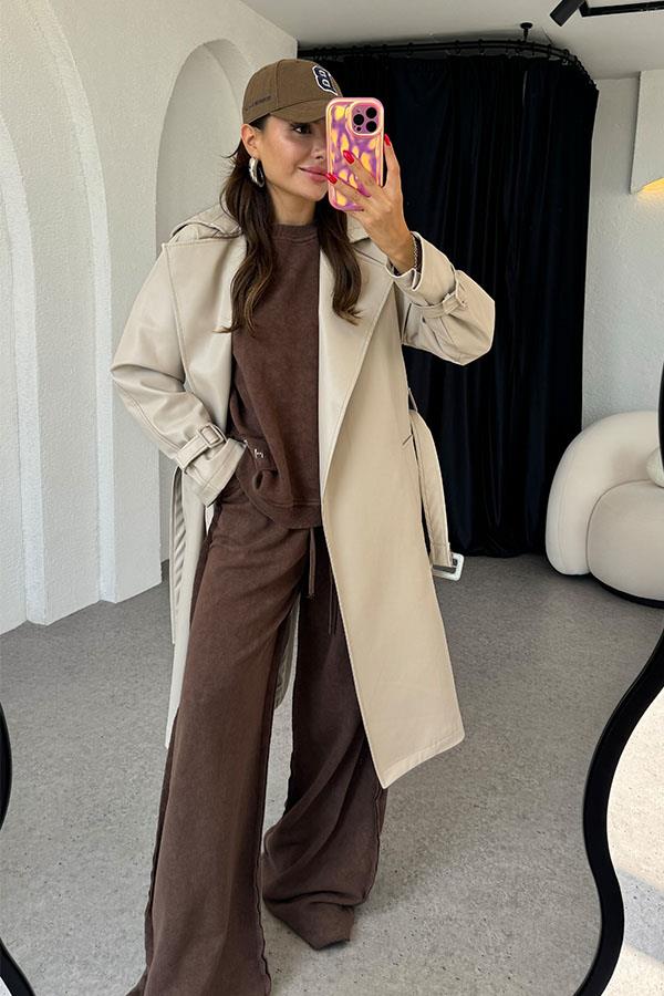 Kylie Kemerli Deri Krem Trençkot