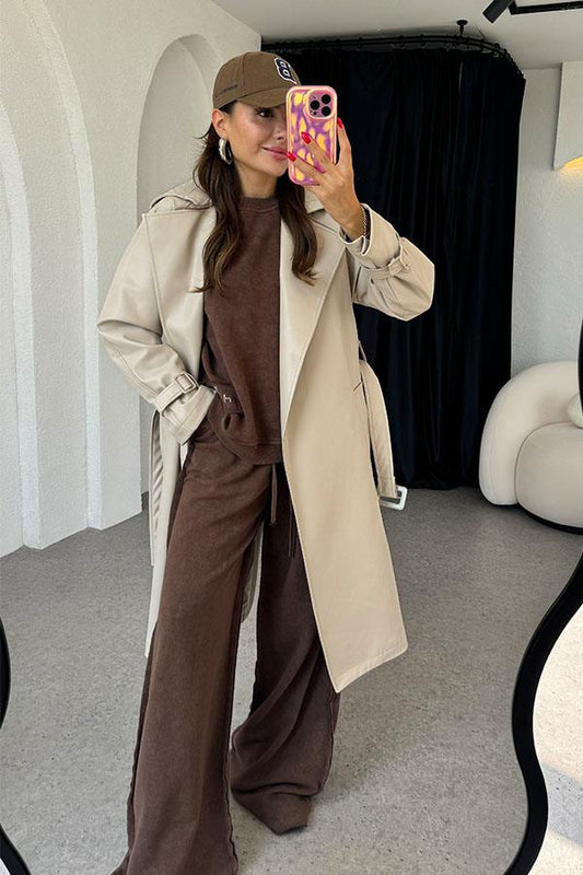 Kylie Kemerli Deri Krem Trençkot