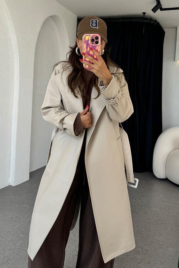 Kylie Kemerli Deri Krem Trençkot