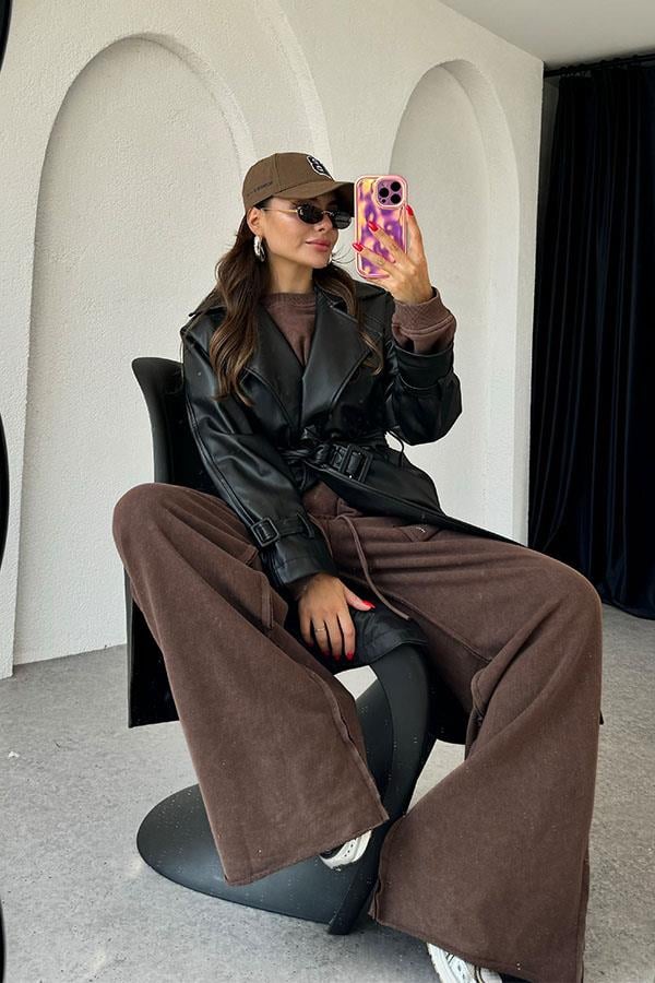 Kylie Kemerli Deri Siyah Trençkot