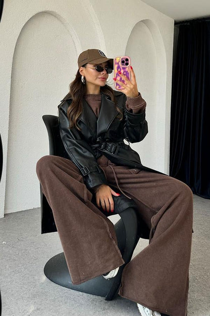 Kylie Kemerli Deri Siyah Trençkot